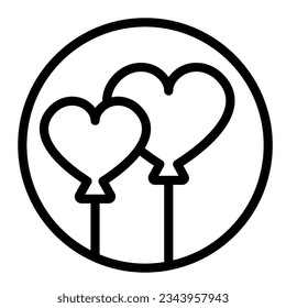 Two heart shaped balloons in circle line icon, dating concept, hearts in the air vector sign on white background, outline style icon mobile concept web design. Vector graphics.