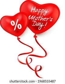 Two heart shaped balloons with handwriting and discount symbol - Happy Mothers Day!