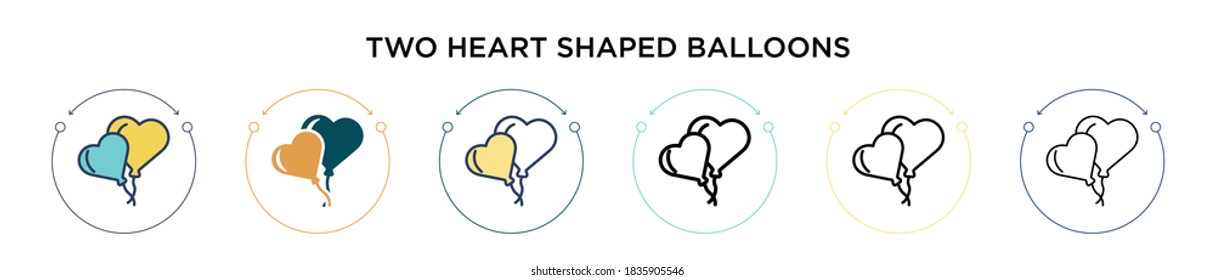 Two heart shaped balloons icon in filled, thin line, outline and stroke style. Vector illustration of two colored and black two heart shaped balloons vector icons designs can be used for mobile, ui, 