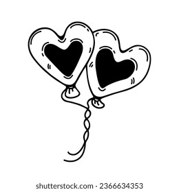 Two heart shaped balloons tied with rope, vector icon. Festive accessory for Valentine's Day, wedding, love party, date. Hand drawn black doodle isolated on white. Holiday clipart for print, posters