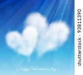 Two heart shaped clouds in the blue sky. Valentine`s day illustration.