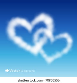 Two heart shaped clouds in the blue sky. Valentine`s day illustration