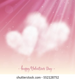 Two heart shaped clouds in the pink sky. Valentine`s day illustration.