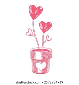 Two heart shaped flowers grow from a flower pot. Sketch style illustration for Valentine's Day