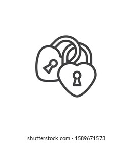 Two heart shaped lock line icon. linear style sign for mobile concept and web design. Linked hearts padlock outline vector icon. Love symbol, logo illustration. Vector graphics