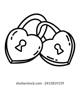 Two heart shaped locks fastened together. Valentines day concept. Black and white vector isolated illustration hand drawn doodle clip art. February 14, romance. Icon or card, wedding element