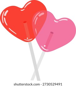 Dos piruletas en forma de corazón uno rojo y uno rosa sobre palos blancos aislados sobre un fondo blanco