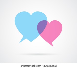Two heart shaped love speech bubbles. Male and female concept. Dialog. Vector illustration