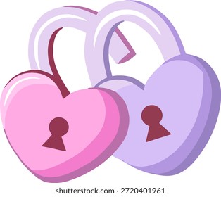 Dos candados en forma de corazón en colores rosa y púrpura, símbolo romántico de candados de amor para el día de San Valentín y la boda, Ilustración vectorial plana