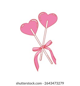Dois doces de pirulitos rosa em forma de coração com arco. Pirulito em uma vara sobre fundo branco. Ilustração do Dia dos Namorados. Vetor para a celebração Dia dos Namorados, casamento, festa, aniversário, aniversário etc.