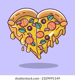 two heart shaped pizza slices with tomatoes and olives cartoon style illustration vector illustration