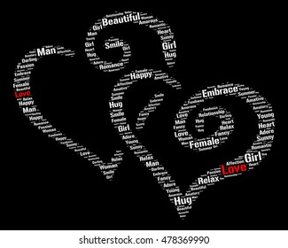 Two heart shapes filled with words on black background. Vector illustration.