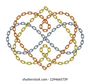 Two Heart shapes and infinity symbol made of interwoven golden, bronze and silver chains. Forever love sign. Vector realistic illustration isolated on white background.