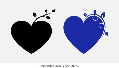 Duas formas de coração, uma preta e outra azul, com desenhos florais em um fundo branco.