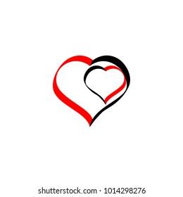 Two heart sign. Red and black card on white background. Romantic silhouette symbol linked, join, love, passion and wedding. Colorful modern mark of valentine day. Design element. Vector illustration