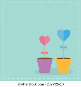 Two heart stick flowers in the pots. Flat design. Vector illustration.