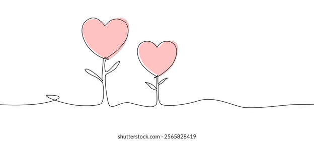 Two heart tree with continuous one line of love sign. Minimal vector design.