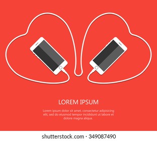 Two Heart with white phone united wire isolated on red background. Valentines day card. Eps. Vector illustration. love smartphone flayer. Cellphones, Holiday poster template.