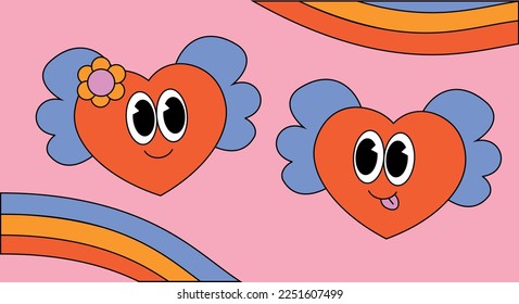 Two Heart with wing and rainbow. Illustration Character in Groovy cartoon style.
