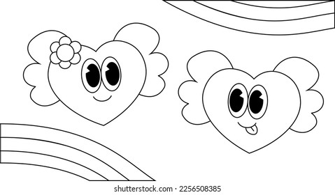 Two Heart with wing and rainbow. Illustration Character in Groovy cartoon style. Black and white