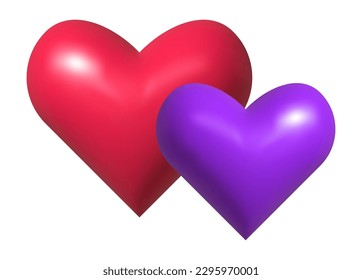 Two hearts 3d realistic icon. Red and violet shining symbols of love, romantic sign. Vector illustration isolated on white background