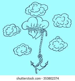 Two hearts and an anchor rope on the background of clouds