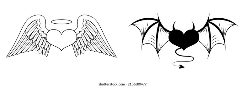 Two hearts with angelic and demonic wings. Angel heart with halo. Devil heart with horns and tail. Sketch for a tattoo. Vector illustration isolated on white background