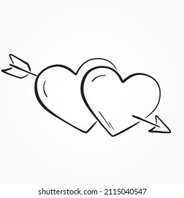 dos corazones con flecha. tarjetas de San Valentín dibujadas a mano y símbolo de amor. elemento vectorial esquemático para el diseño del día de San Valentín