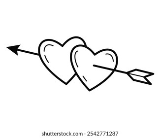 Two hearts with arrow.  Love and romantic symbol concept. Outline illustration, isolated on white background, design elements