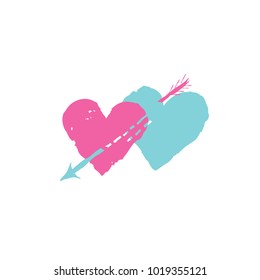 Two hearts with arrow. Love sign. Valentine's day greeting card in 1990s style with love hearts  striked by arrowhead 