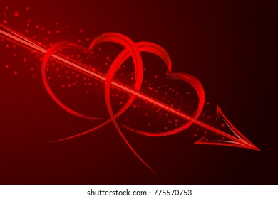 Two hearts arrow on dark background. Design element for Happy Valentine's Day. Vector illustration