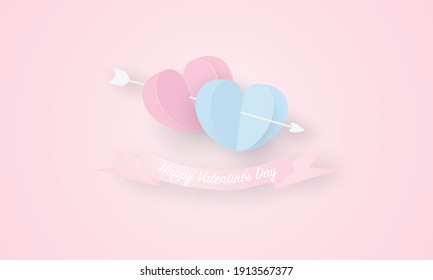 Dos corazones con flecha y cinta con mensaje feliz día de San Valentín, Día de San Valentín