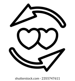 Two hearts, arrow, synchronization, whirl, spinning line icon, dating concept, love vector sign on white background, outline style icon for mobile concept and web design. Vector graphics