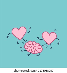 Two hearts attacking brain on the ground. Vector concept illustration of brain and intellect under attack of love and emotions | flat design linear infographic icon on blue background