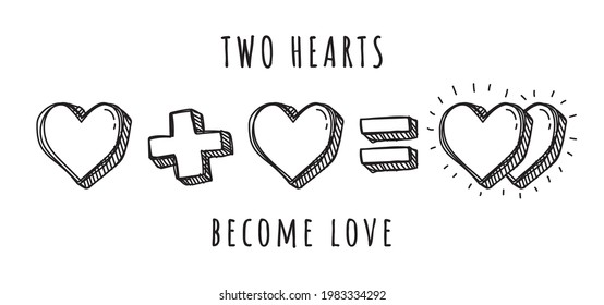 Two hearts become love vector editable stroke on white background