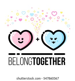 Two hearts belong together. Couple in love. Saint Valentine Day greeting card. Flat line style. Minimalistic abstract design. Isolated on white background