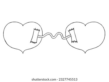Two hearts, between them a dropper. Blood Transfusion. Blood donation. Hand Drawn. Freehand drawing. Doodle. Sketch.	