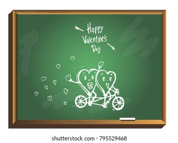 Two hearts biking on chalkboard. Couple in love. Happy Valentine's day card. hand drawn vector illustration.