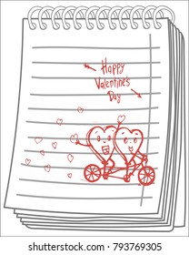 Two hearts biking on notebook background. Couple in love. Happy Valentine's day card. hand drawn vector illustration.