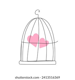 Dos corazones en una jaula de pájaros en un estilo de arte continuo de una línea. Ilustración vectorial simple