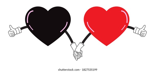 two hearts in black and red holding hands vector illustration