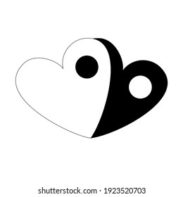 Two hearts. Black and white. Contrasting hearts. Yin Yang. Shadow of the heart. Vector illustration