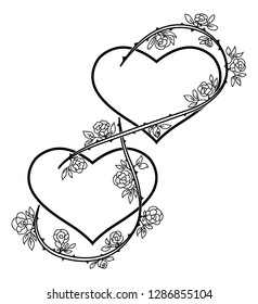 Two hearts black and white drawing. Curly roses in the form of eight. Congratulations on Valentine's Day. Sketch for tattoo.