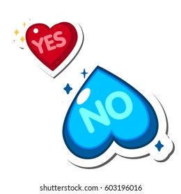Two hearts, blue and red. Yes and No. Design element, stickers