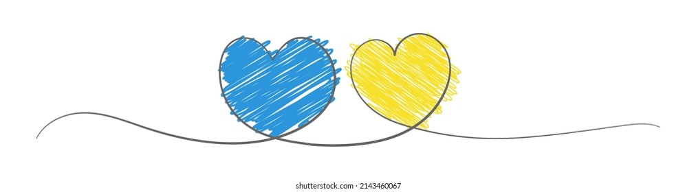 Two hearts of blue and yellow. Two hearts are connected by one line in the colors of the flag of Ukraine.