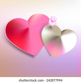 Two hearts bonded by push pin. Vector illustration.
