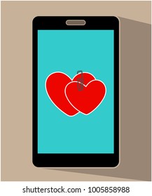 Two hearts bonded together with a clip on the mobile phone screen