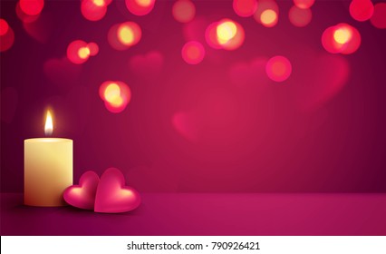 Two hearts and burning candle on pink background. Beautiful romantic background with place for text for Valentines day. Vetor illustration