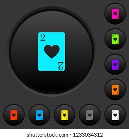 Two of hearts card dark push buttons with vivid color icons on dark grey background