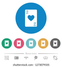 Two of hearts card flat white icons on round color backgrounds. 6 bonus icons included.